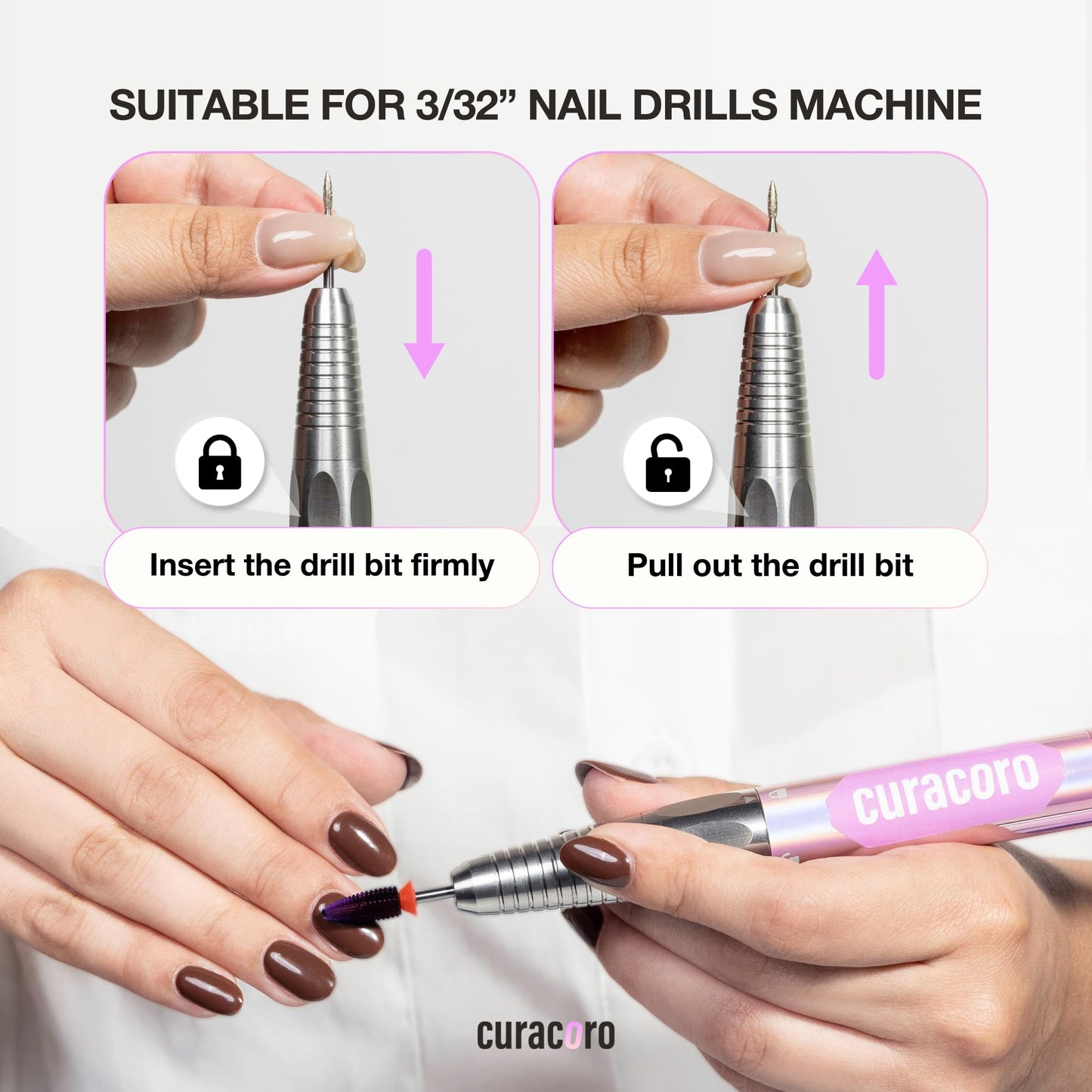 Curacoro Nail Drill Bits 3/32'' - Safe Smooth Stop Large Barrel Carbide Bit (Coarse), Fast Remove Acrylic or Gel Nails, Long-lasting Bits for Nail Beds, Nail Art Salon & Home