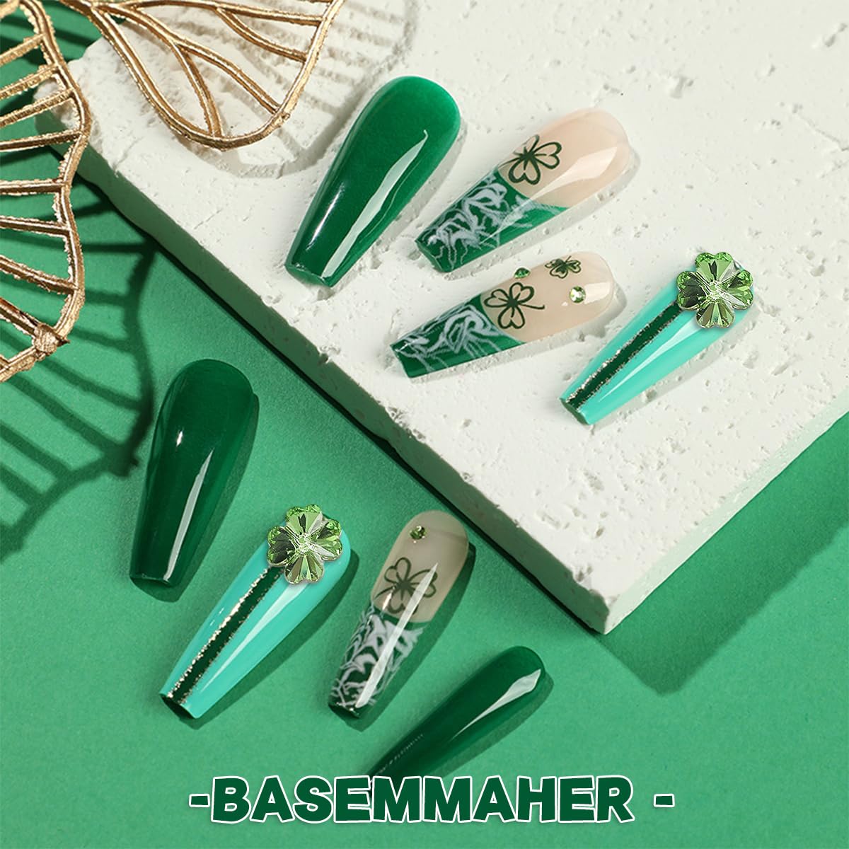 24Pcs Glitter 3D Green Shamrock Nail Charms for St. Patrick's Day Clover Nail Rhinestone Decal Crystal Diamond Alloy Nail Gems Irish Decorations for Women Girls Manicures Eyes Makeup Crafts