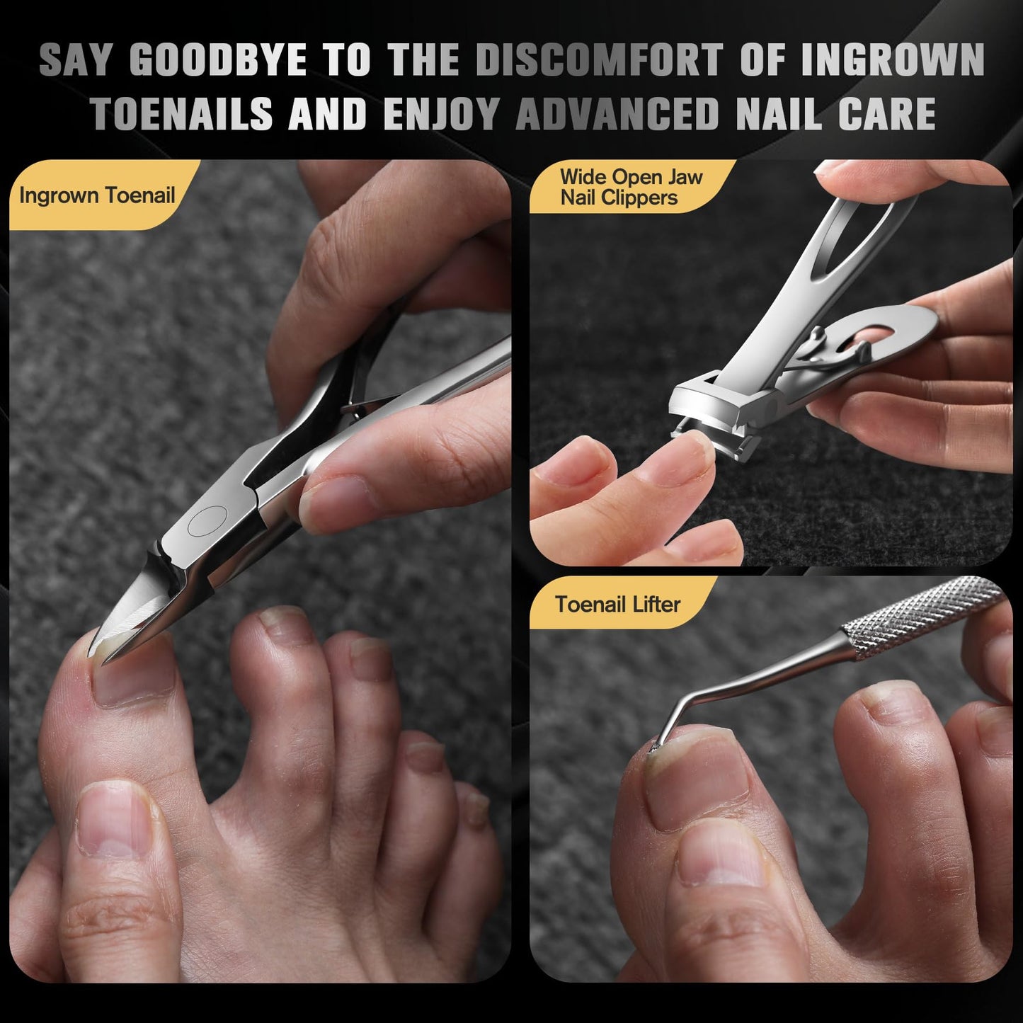 FERYES 4PCS Ingrown Toenail Kit – Toenail Clippers for Thick and Ingrown Toenails, Toe Nail Clipper with Thick Toenail File and Toenail Lifter - Complete Toenail Care Set for Men and Women, Silver