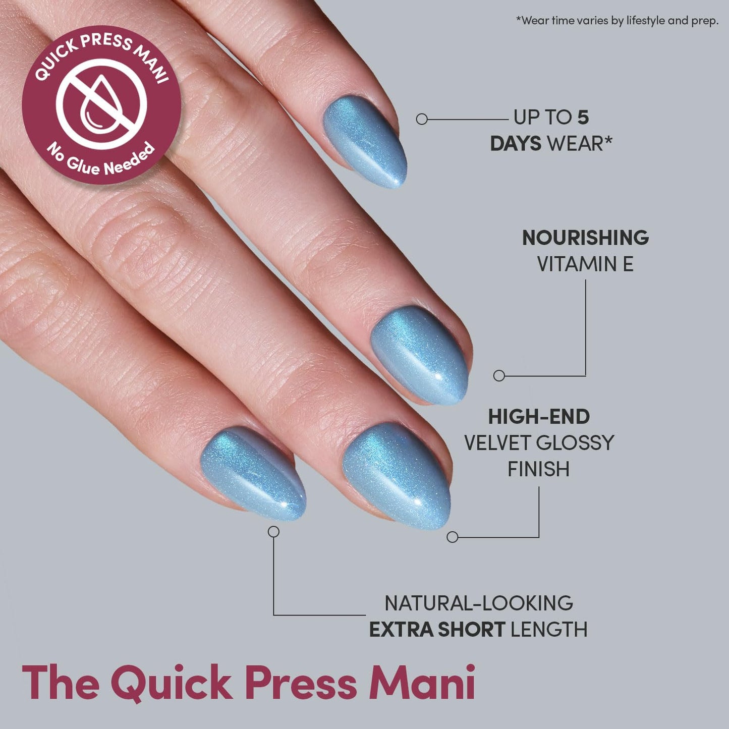Glamnetic Quick Press Mani - No Glue Press On Nails, Just Peel and Stick, Almond Extra Short Nails, Mess Free, Salon Quality Stick On Nails, Ocean Prism | in 15 Sizes - 30 Nail Kit | Gift For Mom