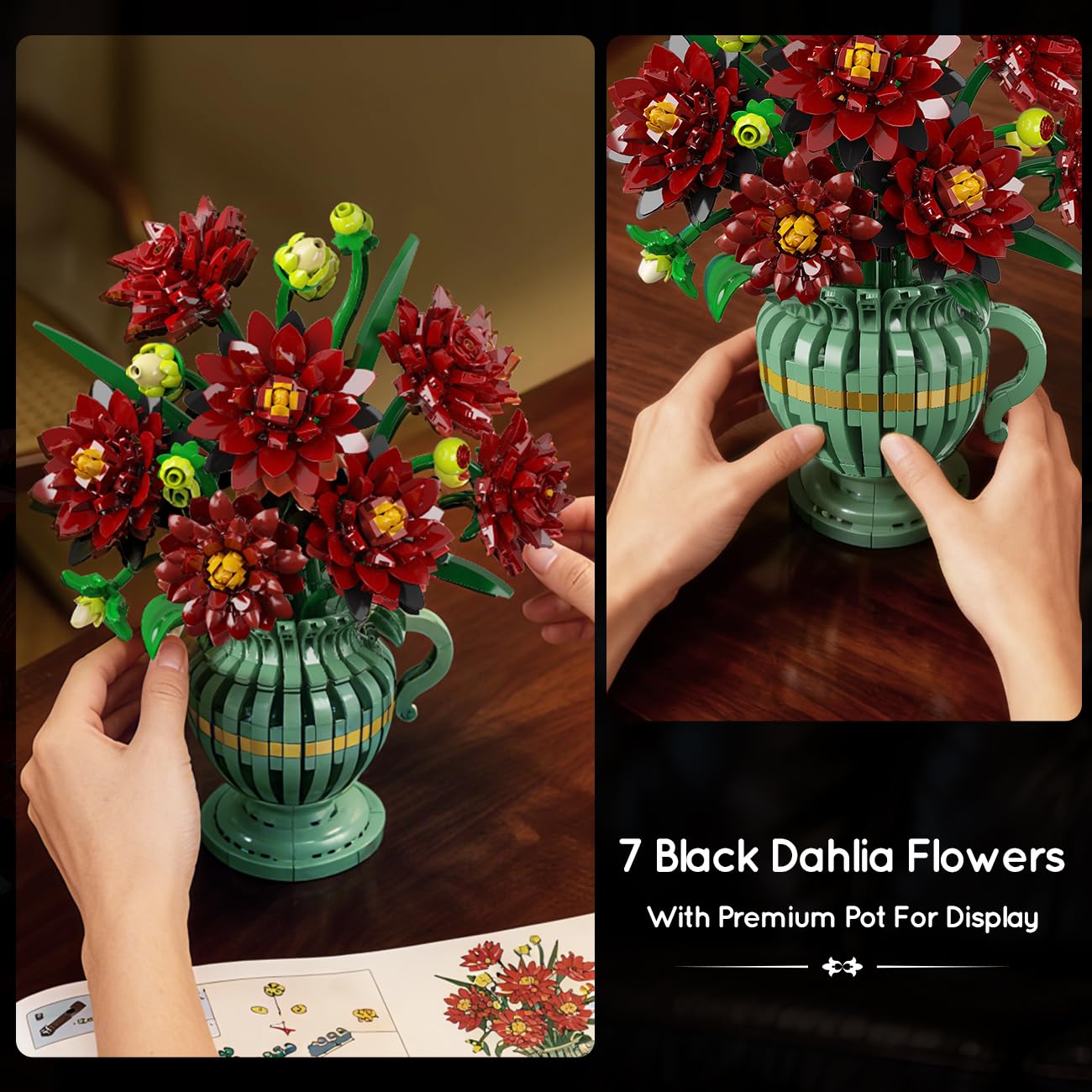 PLAXSOON Flowers Building Set, Dahlia Flower Bouquet Gift for Mothers Day Botanical Collection Building Block for Women Her Adult, 1482 PCS Gothic Plant Bonsai Kit Decor for Mom Wife Couple Girls 12+