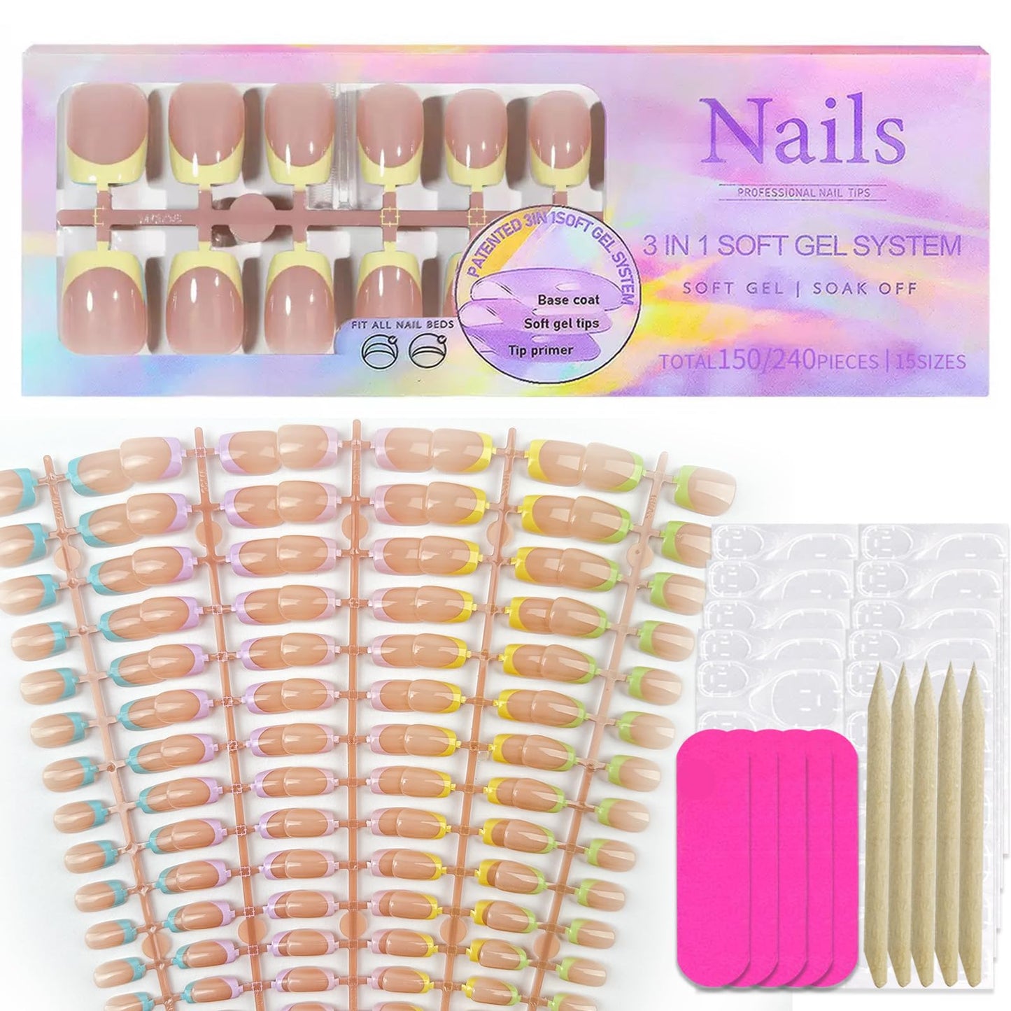 150Pcs Press on Nails Short Square Fake Nails French Tip False Nails Press ons with Designs Blue Yellow Green Nails Glossy Full Cover Acrylic Glue on Nails Stick on Nail for Women Nail Decorations