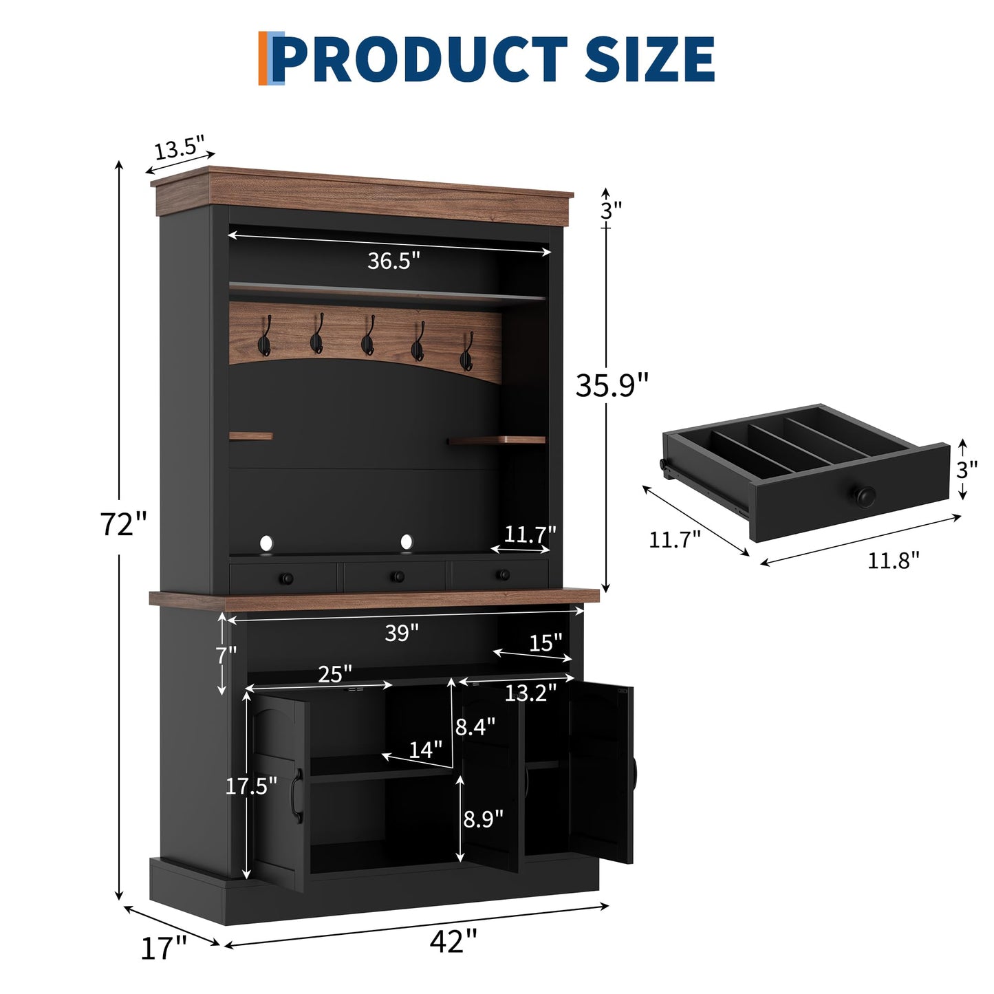 Coffee Bar Cabinet with LED Light, 72 in Tall Farmhouse Coffee Bar Hutch with Storage, Sideboard Buffet Cabinet with Microwave Stand/Glass Shelf/6 Hooks/3 Drawers for Kitchen Living Dining Room, Black