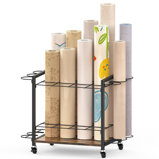 Blueprint Holder Rolling Carts with Wheels, 18 Slots Gift Wrapping Paper Organizer Storage Construction Paper Organizer for Blueprints, Art Storage, Vinyl Roll Storage, Posters, Maps, Rustic Brown