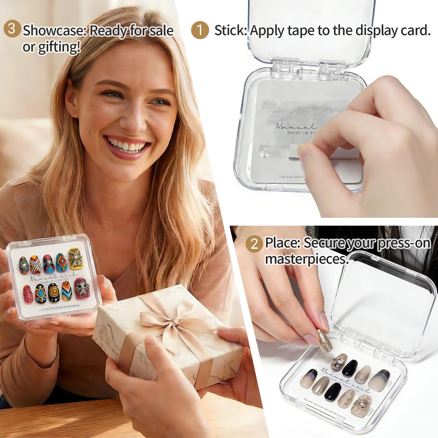 ITQUTC 20 Pack Press on Nail Packaging Kit - Clear Press on Nail Boxes with Cards and Adhesive Tape, Professional Nail Case for Small Business and Storage DIY Nail Projects