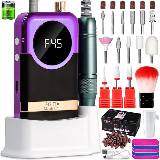 LIMEGIRL Professional Electric Nail Drill Kit 45000RPM Portable Cordless Toenail Cordless Toenail Machine with 14 Drill Bits and Base for Women (Purple)