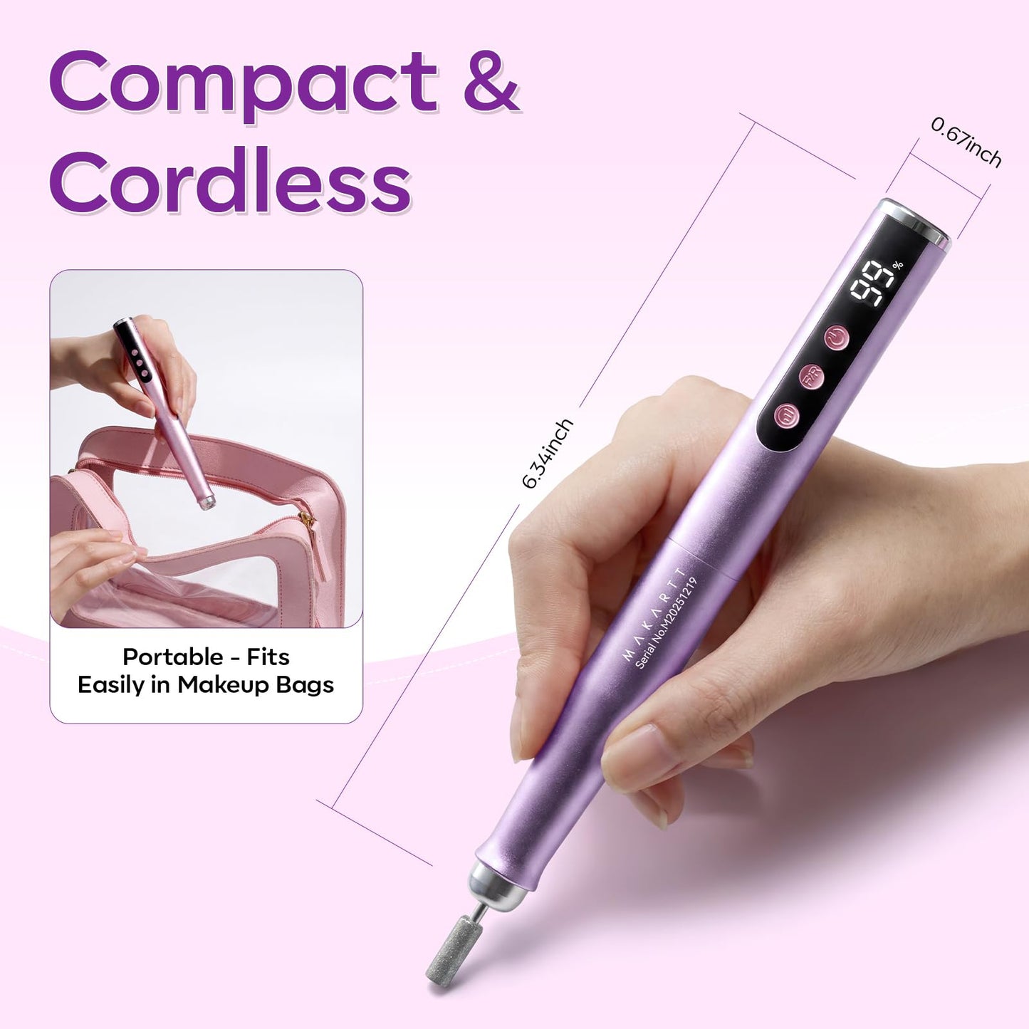 Makartt Pen-Shaped Rechargeable Nail Drill for Beginners: 25,000 RPM Cordless Electric Nail File with 5-Speed LED Display, Lightweight Quiet E File Kit for Gel Polish Removal, Home Travel Use(Purple)