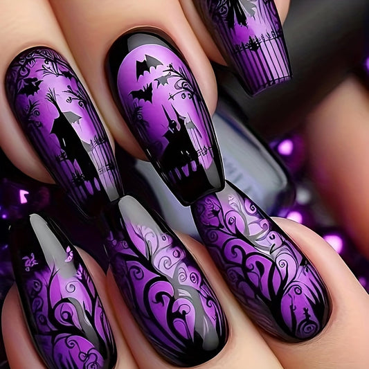 Purple Halloween Press on Nails Medium Ballet Shaped Bat False Nails Full Cover Artificial Acrylic Fingernails Jungle Castle Design Halloween Nail Glossy Festivla Glue on Nails for Women Supplies