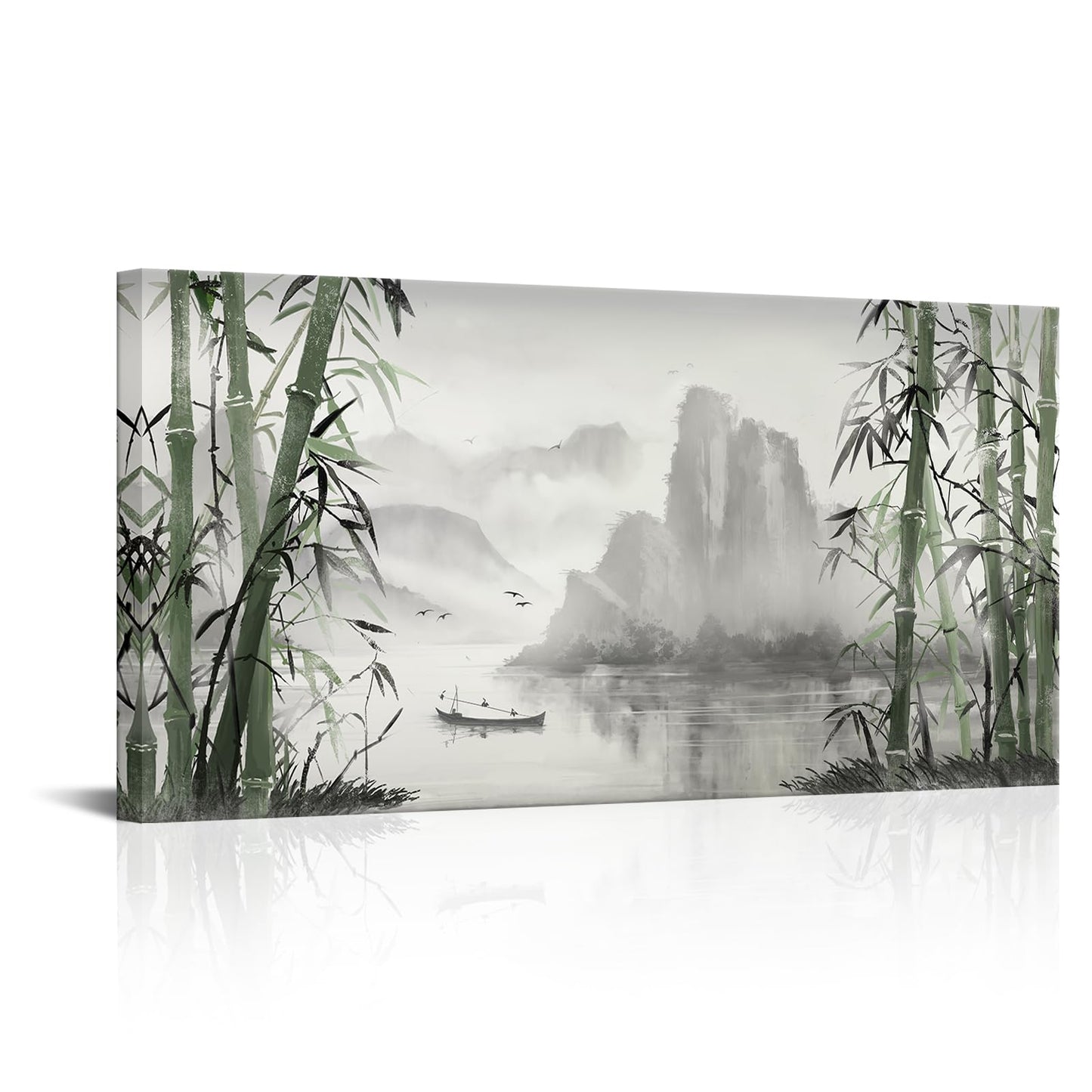 Biuteawal Black and White Nature Landscape Wall Art Green Bamboo Picture Canvas Artwork Chinese Style Shanshui Painting Home Office Decor Framed