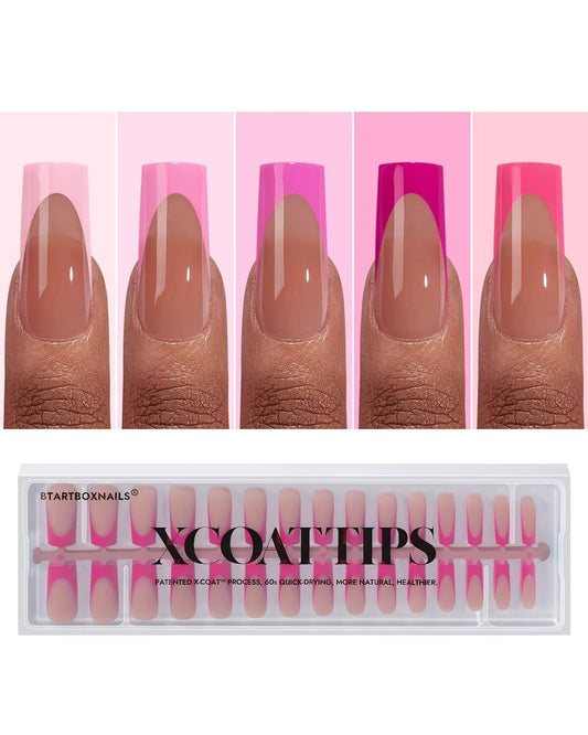 BTArtboxnails XCOATTIPS Pink French Tip Press On Nails - Long Press On Nails Square, Soft Gel Nail Tips, 150Pcs Soak Off Acrylic Brown Fake Nail Extension in 15 Sizes