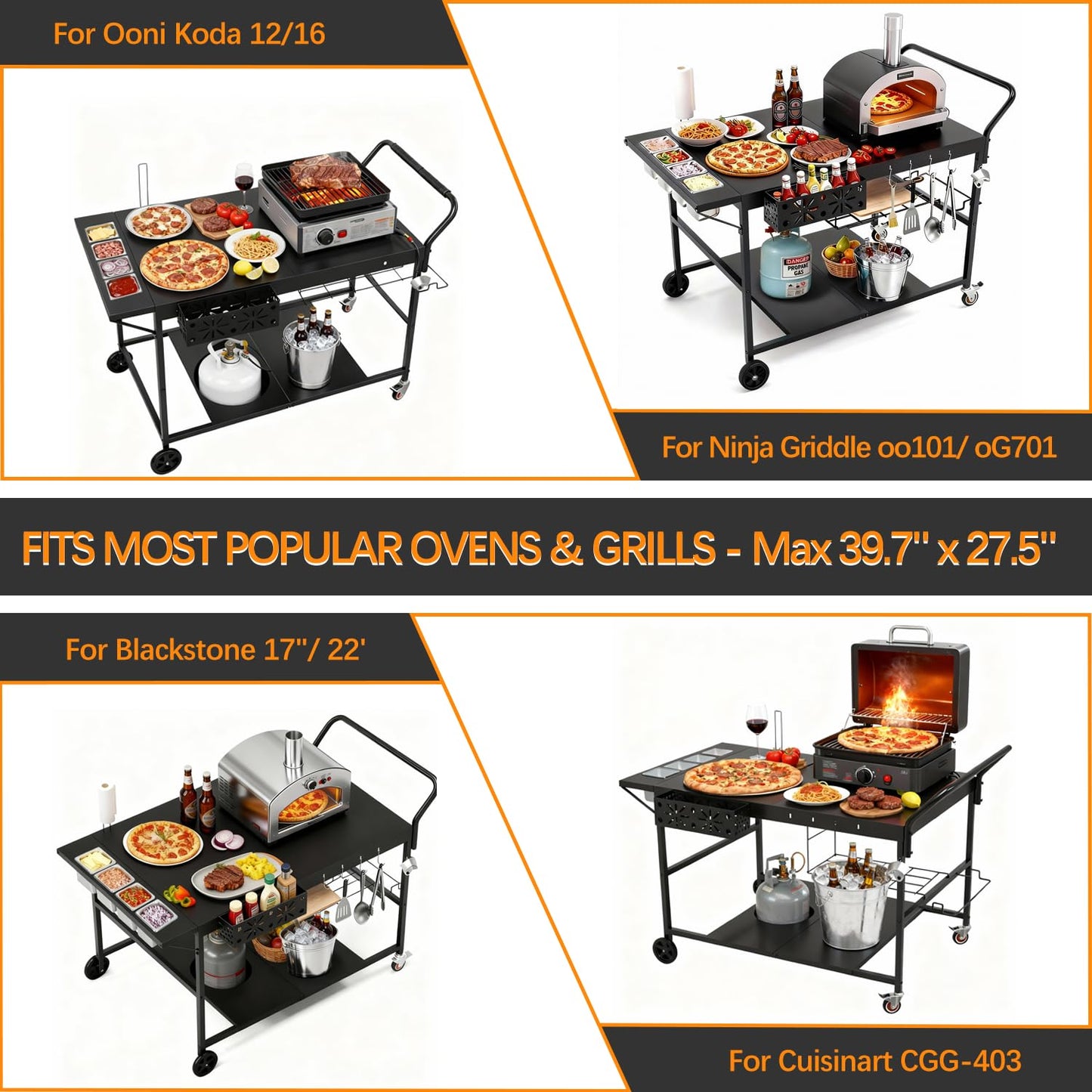 Lezbanz Pizza Oven Table with Topping Station, Outdoor Pizza Oven Cart, Grill Cart Table for Blackstone Griddle, Pizza Prep Station with Storage & Seasoning Tray, for Ninja, Cuisinart, Gozney