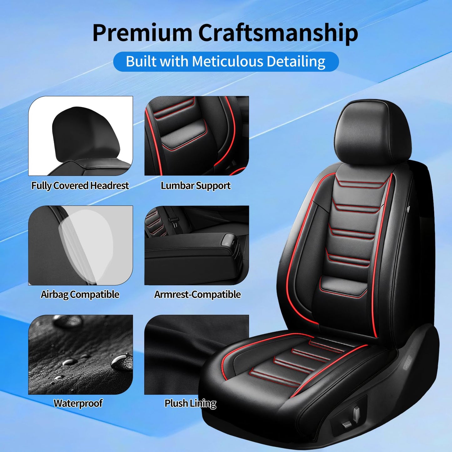 FiveFox Fit Trax Car Seat Covers for Chevrolet/Chevy Trax 2015-2026 - Luxury Full Coverage Leather, Waterproof & All Weather Breathable Seat Cushion Protector, Airbag Compatible, Full Set, Red Trim