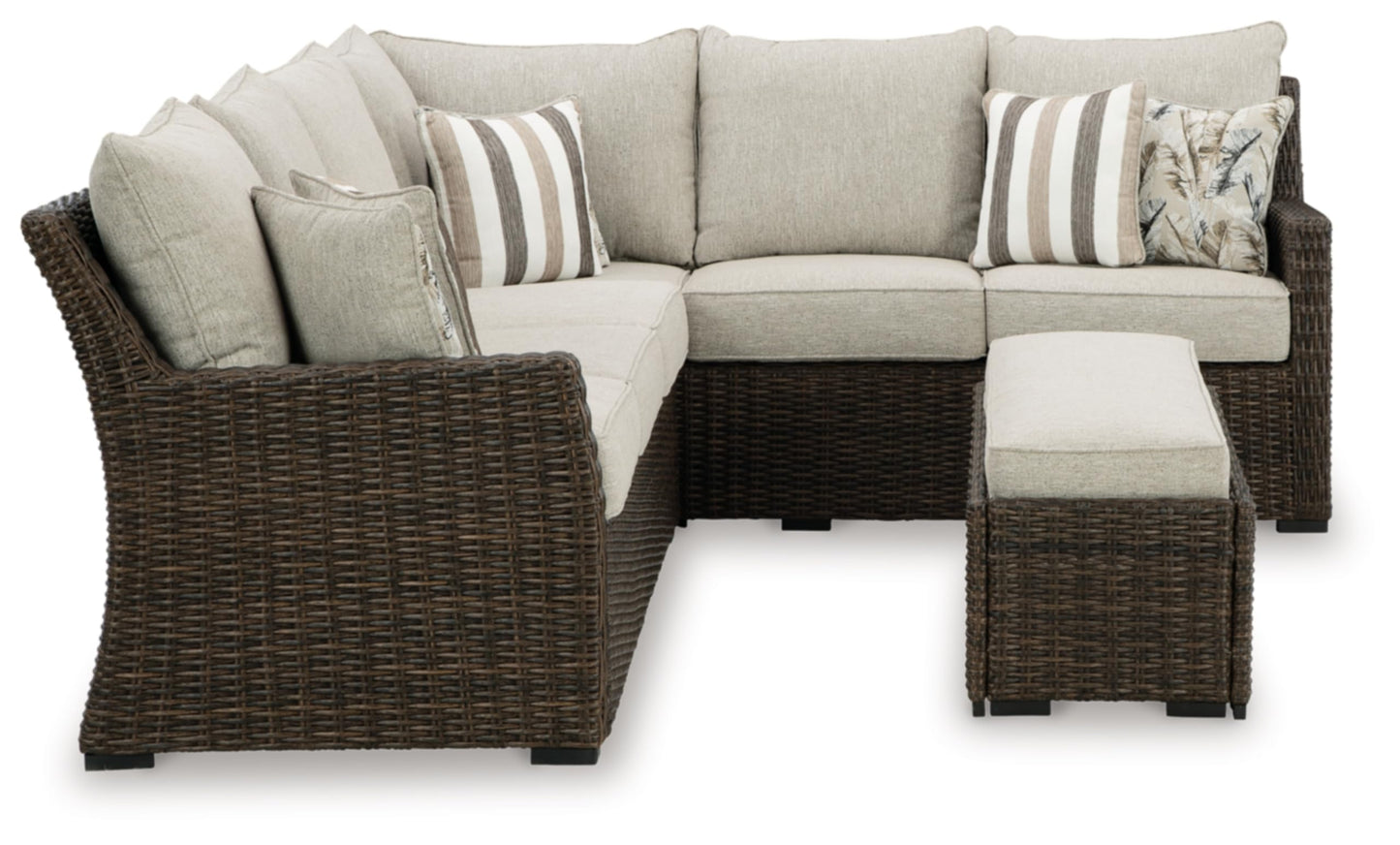 Signature Design by Ashley Brook Ranch Casual Nuvella Weather Resistant Fabric Right Hand Facing Outdoor Sofa Sectional/Bench with Cushion and 6 Throw Pillows, Set of 3, Beige & Dark Brown
