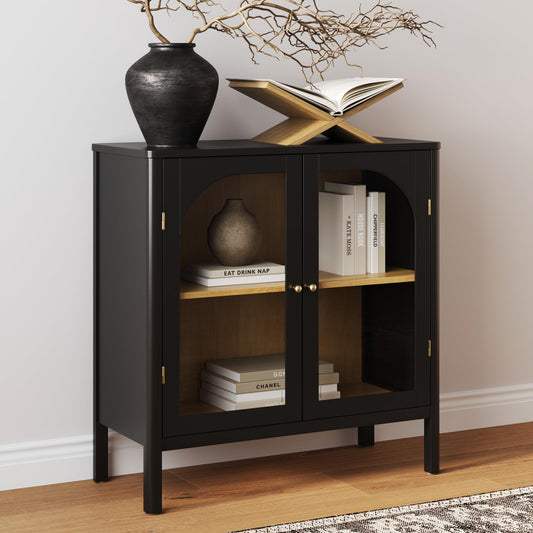 Nathan James Mason Storage Cabinet, Free Standing Accent Sideboard Buffet, Credenza with Glass Doors and Adjustable Shelf in Black Oak Wood for Dining Room, Entryway and Living Room, Clear Glass/Black