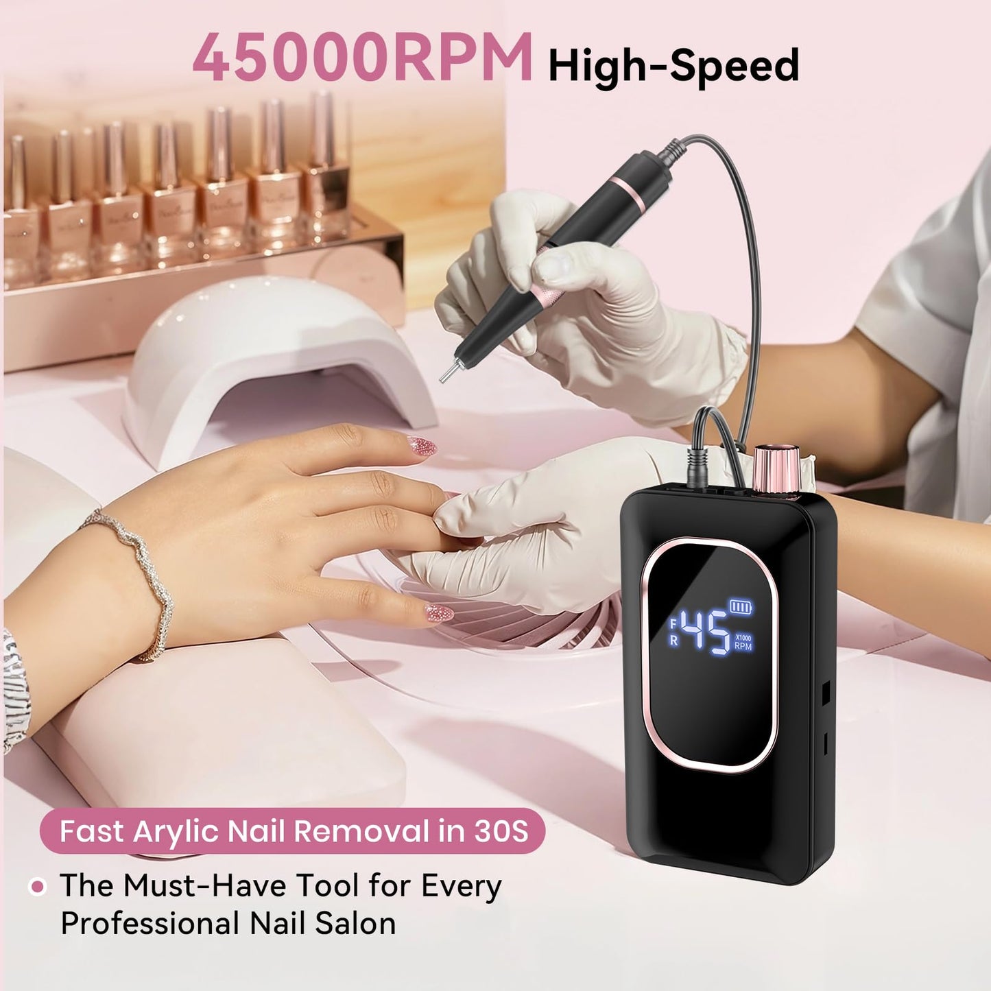Professional Electric Nail Drill 45000RPM, Portable Nail File for Acrylic Gel Nails, Cordless Rechargeable Salon-Grade Ultra Power Nail Drill Kit for Shaping, Polishing & Removing Gel Nails,Black