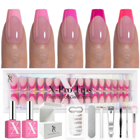 SXC Cosmetics French Tip Press On Nails – 5 Pink Series, Short Coffin, X-Pro Tips Starter Kit | 160PCS, 16 Sizes, 5 Styles, Beginner-Friendly