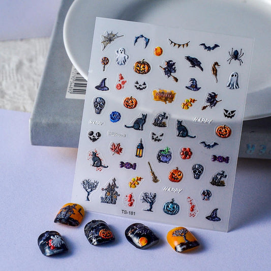Halloween Nail Art Stickers 5D Embossed Ghost Cat Nail Stickers Skull Witch Pumpkin Spider Nail Decals for Women Girls Holiday Manicure DIY Nail Supplies