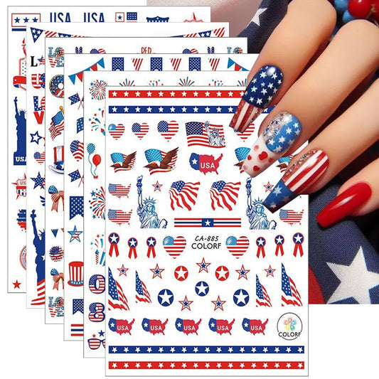 6Pcs Independence Day Nail Stickers for Nail Art - Celebrate 4th of July Nail Decals 3D Self-Adhesive USA Flags Heart Star Bow Eagle Design Firework Sticker for Memorial Day DIY Patriotic Nail Decor