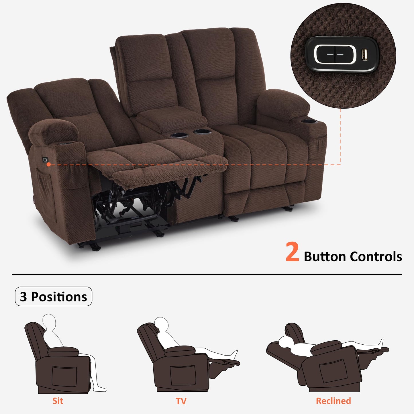 MCombo Zero Gravity Power Loveseat Sofa with Console, Heat and Massage, Reclining Loveseat for Living Room, Fabric 6035SET (Brown, Loveseat with Console)