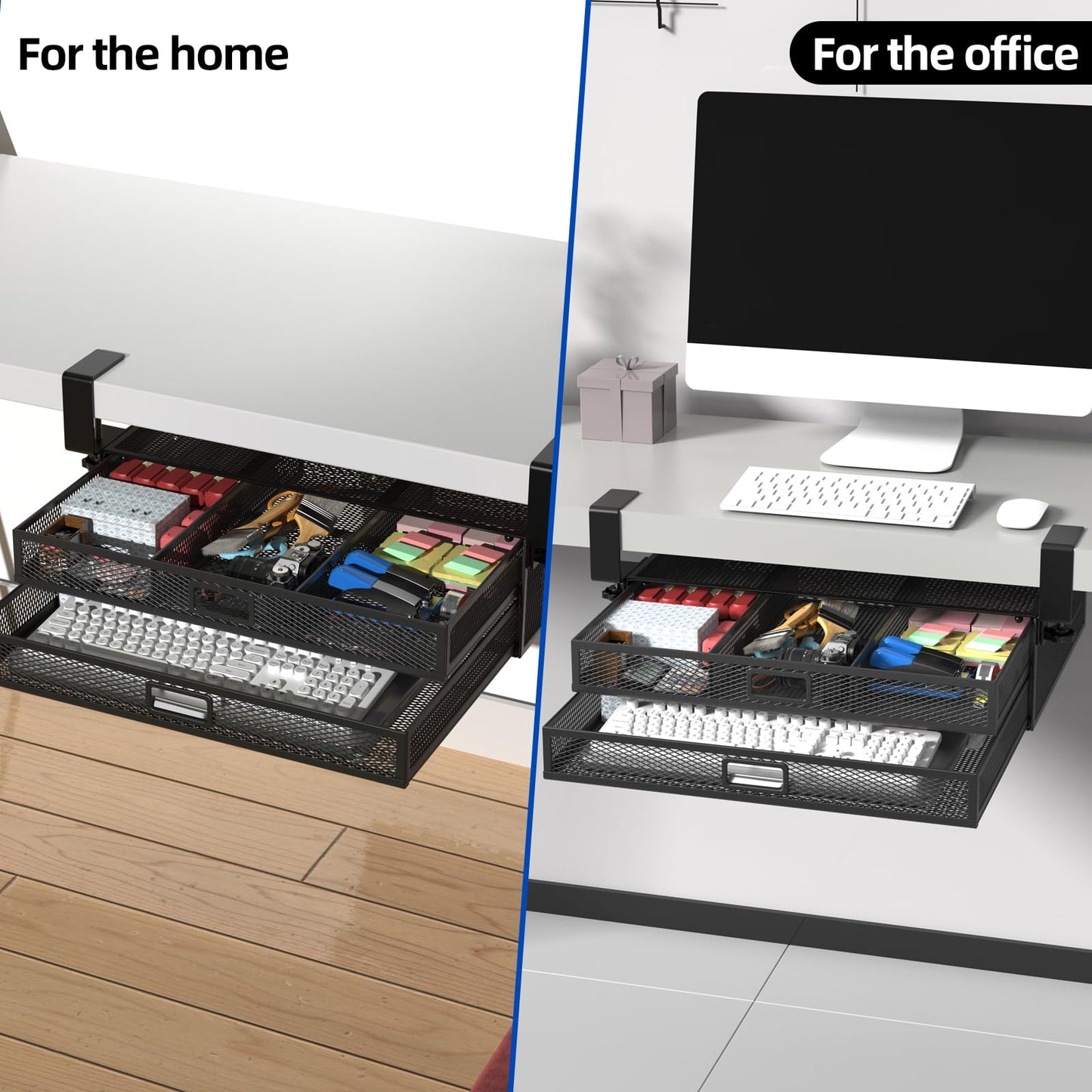SRJZMLY Under Desk Drawer Organizer No Drill Metal Under Desk Storage Drawer Container 2 Slide Out Cabinet Drawer Suitable for Home And Office (Extra Large)