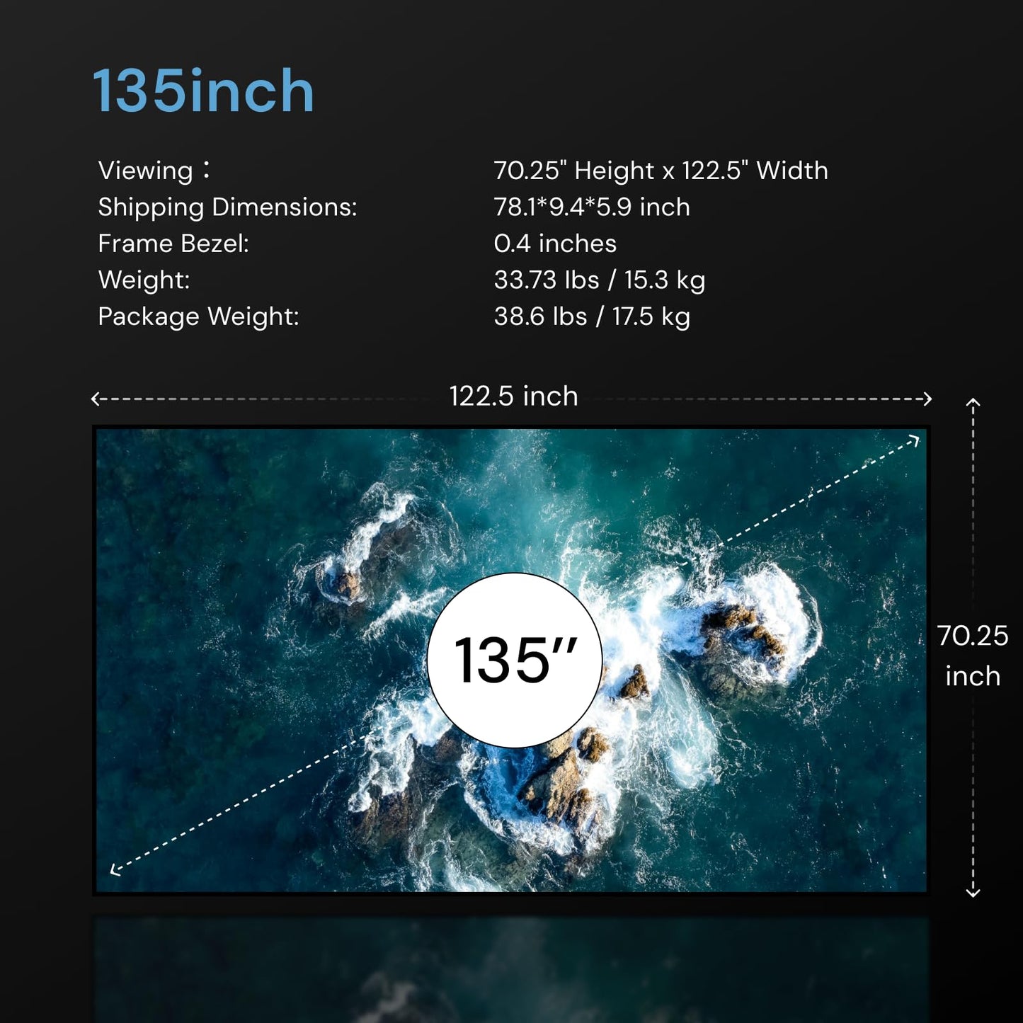 Valerion 135-inch Fixed Frame Projector Screen, 1.3 dB Gain, 80% PQE, 4K/8K Ultra HD, 3D Wall Mount Projector Screen, Works with Long Throw, Short Throw & Ultra Short Throw Projectors