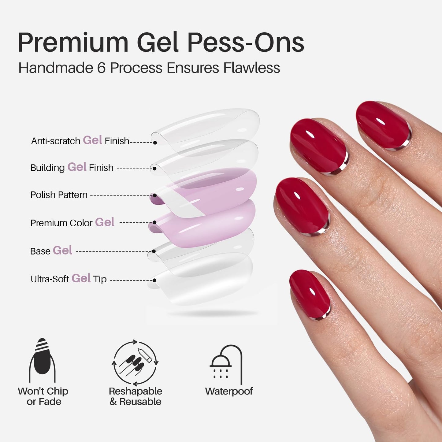 Red Press on Nails Oval - SHANGMENG Soft Gel 3D Silver Foil Short Press on Nails for Women, Seamless Fit Glue on Nails in 16 Sizes - 32 Reusable Fake Nails Kit with Glue, Crimson Curve