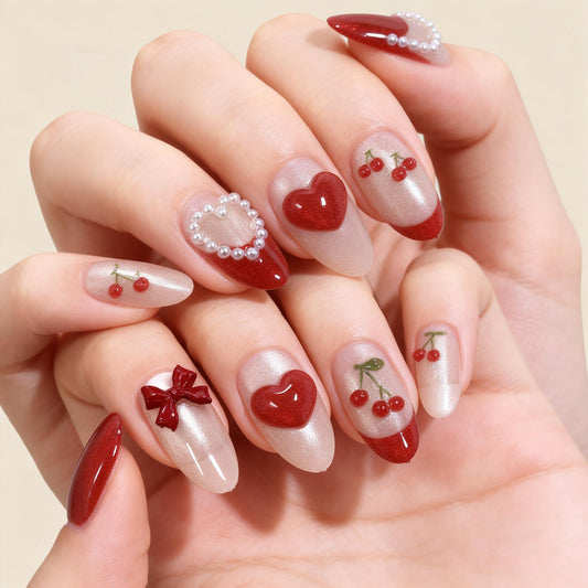 BABALAL Press on Nails Medium Almond Red Pink French Tip Fake Nails 3D Heart Cherry Design Handmade Cat Eye Shiny Acrylic Glossy Full Cover Glue on False Nails for Women and Girls 30Pcs Reusable