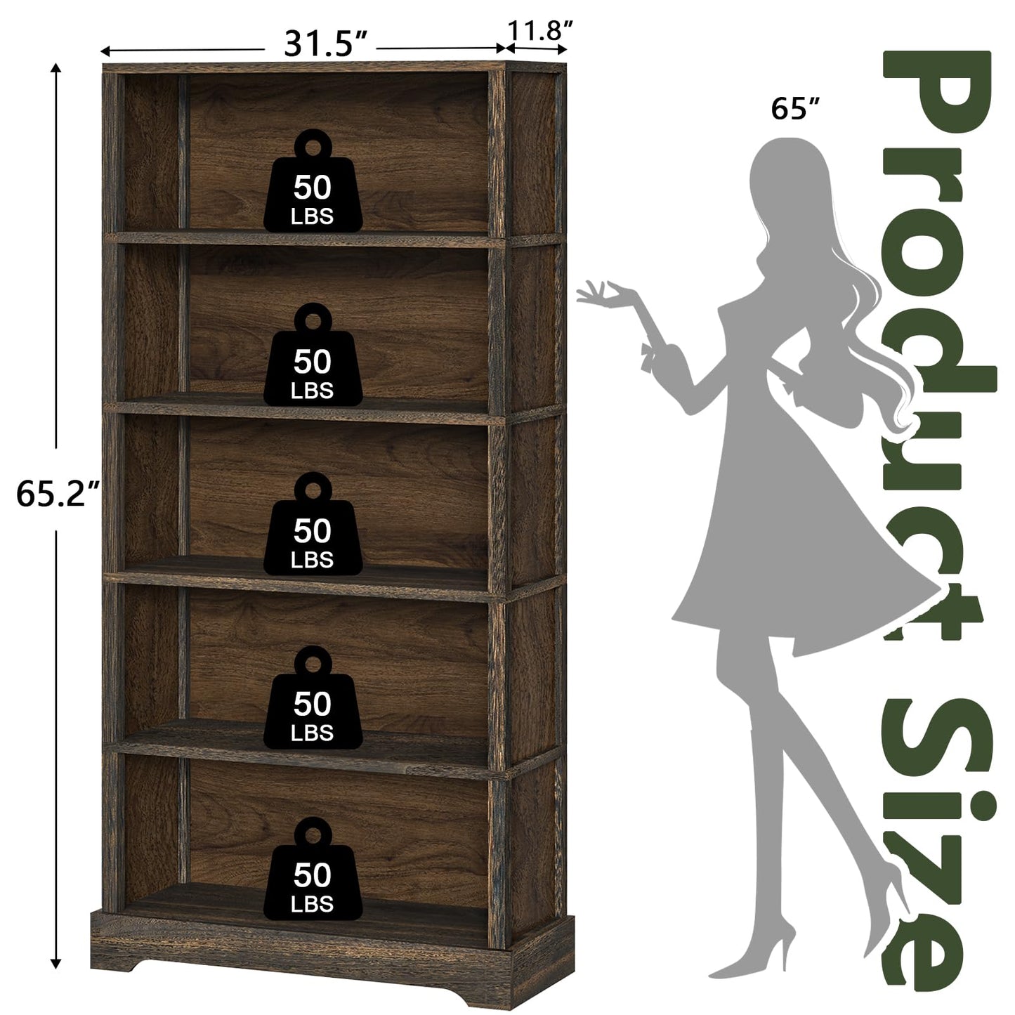 TVU 5-Tier Solid Wood Book Shelf, Floor Standing Bookcase, 65" H × 31.5" W × 11.8" D Bookshelf, Farmhouse Style Book Case with Arched Base, Suitable for Living Room, Study, Office, Walnut