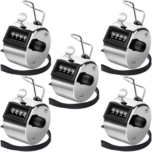 PETKNOWS Metallic Handheld Mechanical Counter Clicker, 5 Pcs 4-Digital Number Tally Click Counter for School Event Golf Sports Office Stadium