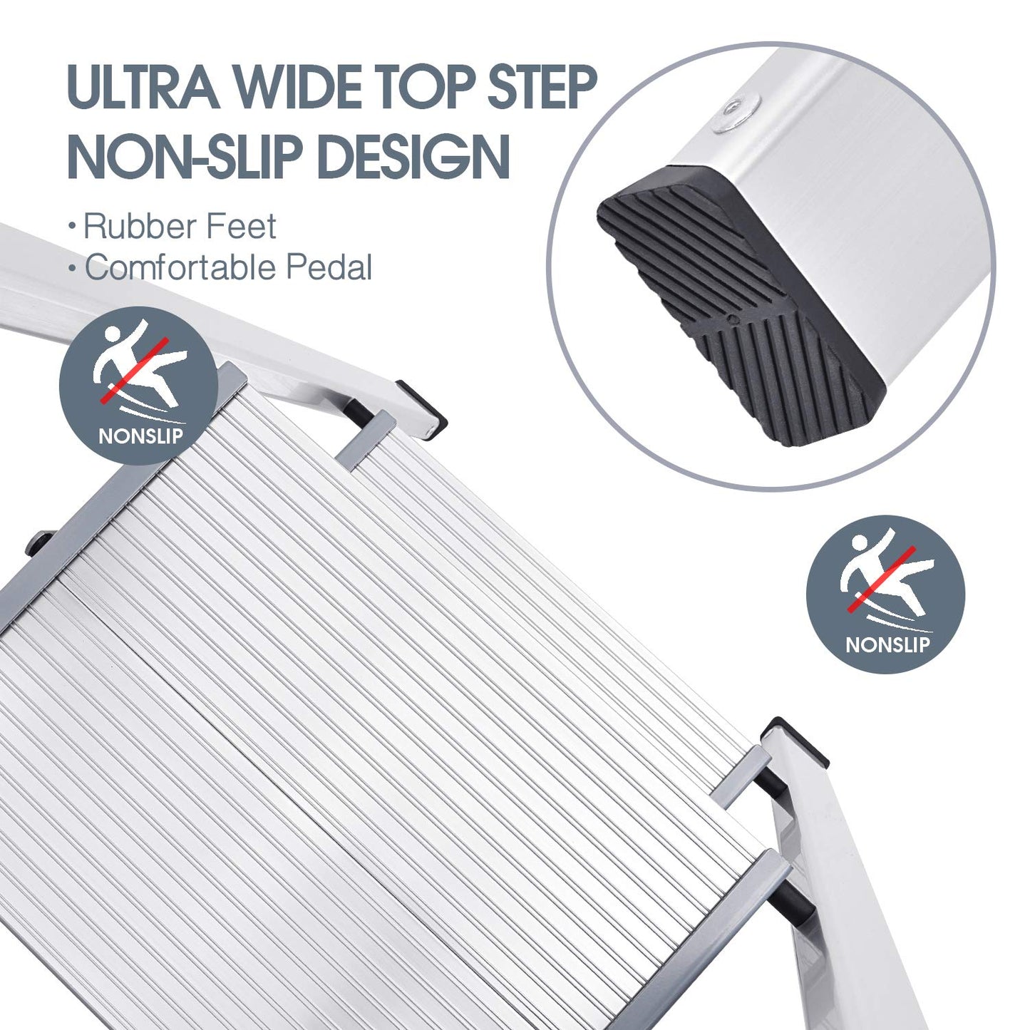 KINGRACK Aluminium 2 Step Ladder, Lightweight Step Stool with Non-Slip Pedals, Handrail, 330LBS Foldable Step Ladder for Kitchen, Garage, Home, Space Saving, Sturdy and Portable, Silver