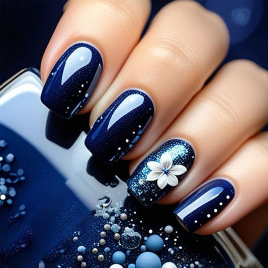 Navy Blue Press on Nails with 3D Flower Designs Short Square Fake Nails 24Pcs White Floral Press on False Nails Glossy Artificial Glue on Nail Reusable Stick on Fingernails for Women