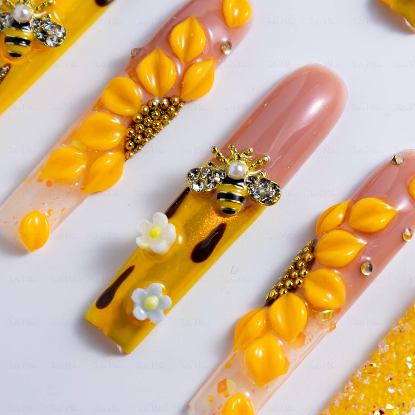 IntoVibes 10 Pieces Handmade Luxury Long Press On Nails With Square Design, Sunflower And Bee Accessories, Yellow Thickened False Nails, Reusable Fake Nails, Acrylic Nails (M)
