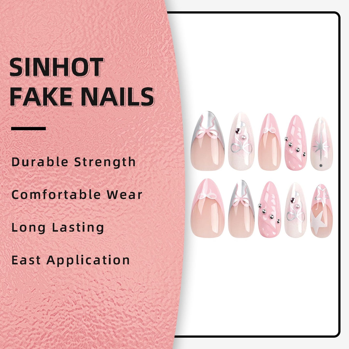 SINHOT Y2K Press on Nails Medium Almond Fake Nails with Glue Pink False Nails Stiletto 3D Design Bowknot Ballerina Acrylic Nail 24pcs