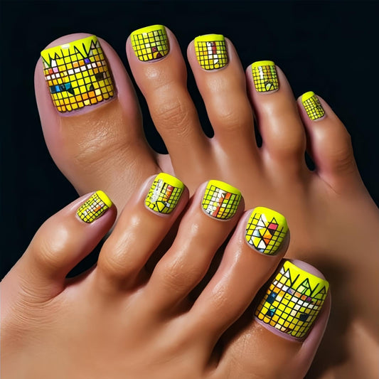 Chessboard Press on Toenails Short Square False Toenails with Yellow Design Full Cover Fake Toe Nails Cute Spring Stick on Toenails Glossy Summer Glue on Toenails for Women Girls Manicure 24Pcs