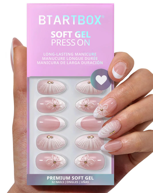 BTArtbox Press On Nails Short - Dew-Kissed Bud, Easy-to-Apply 3D Flower Pink Almond Press On Nails with Glue and Adhesive Tabs in 16 Sizes - 32 Nails All-in-One Kit