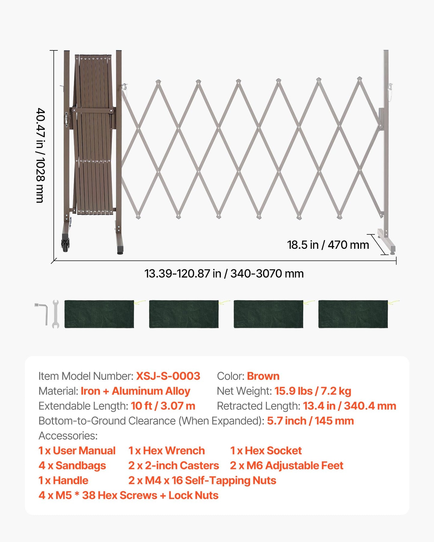 VEVOR Expandable Barricade, 10FT Expandable Safety Barrier, Flexible Mobile Barricade with Locking Casters, Portable Folding Security Gate Metal Traffic Fence for Patio Garden Stairway