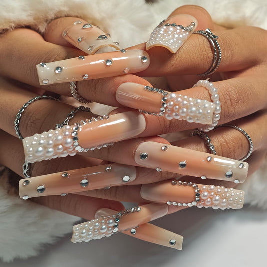Handmade Square Press On Nails, French Tip Long, Rhinestone Pearl Ombre Nude for Women Gift, Reusable Stick On Fake Kit With Glue (NudePearl, M)