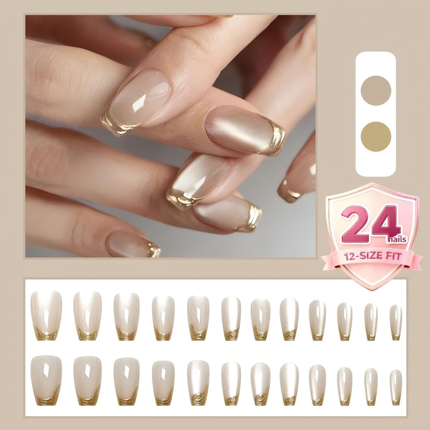 Gold French Tip Press On Nails for Women, Glossy Coffin Fake Nails with Metallic Swirl Design, Elegant Nude Full Cover Acrylic Nails Reusable Stick On Nails, 24PCS