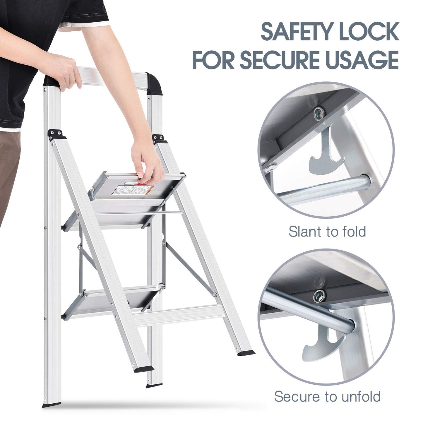 KINGRACK Aluminium 2 Step Ladder, Lightweight Step Stool with Non-Slip Pedals, Handrail, 330LBS Foldable Step Ladder for Kitchen, Garage, Home, Space Saving, Sturdy and Portable, Silver