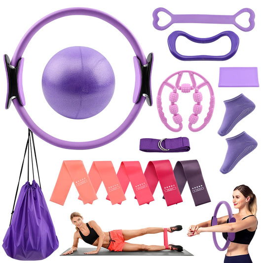 Yonderfume Pilates Essentials Kit for Women, 14 Pcs Home Workout Equipment with Pilates Circle Ball Ring Set Resistance Bands and Anti Slip Sock, Yoga Pilate Essentials Accessories(Color:Purple)