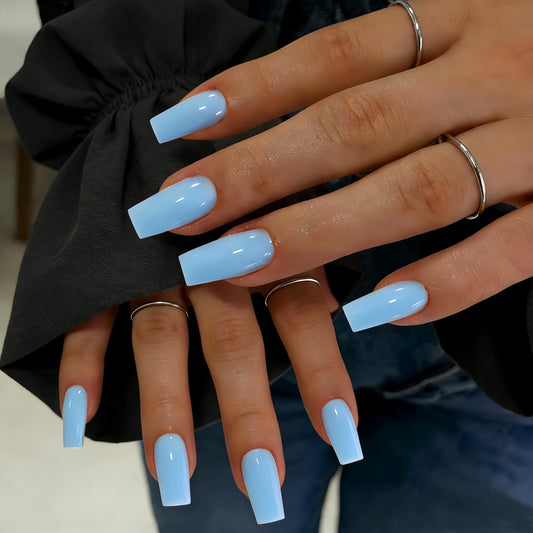 SXVME Press On Nails Long Square - Baby Blue Press on Nails with Glue for Women, Natural Simple Fake Nails Press ons Medium, Glossy Soft Gel Glue on Nails Coffin, Reusable Nail Stick Ons, 24 Pcs