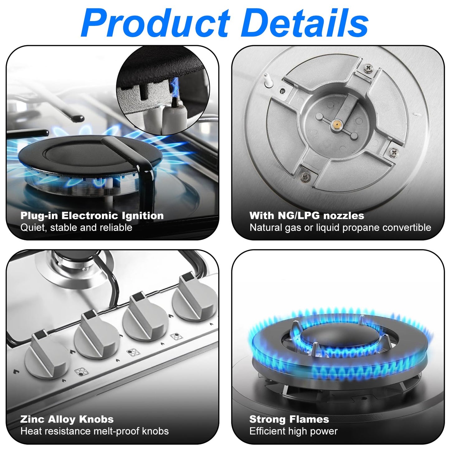 Borrallio Gas Cooktops 23x20 Inch, Built-in Stainless Steel 4 Burner Gas Stove, NG/LPG Dual Fuel Propane Gas Cooktop with Thermocouple Protection for Apartment, Kitchen, Indoor,110V,Plug in