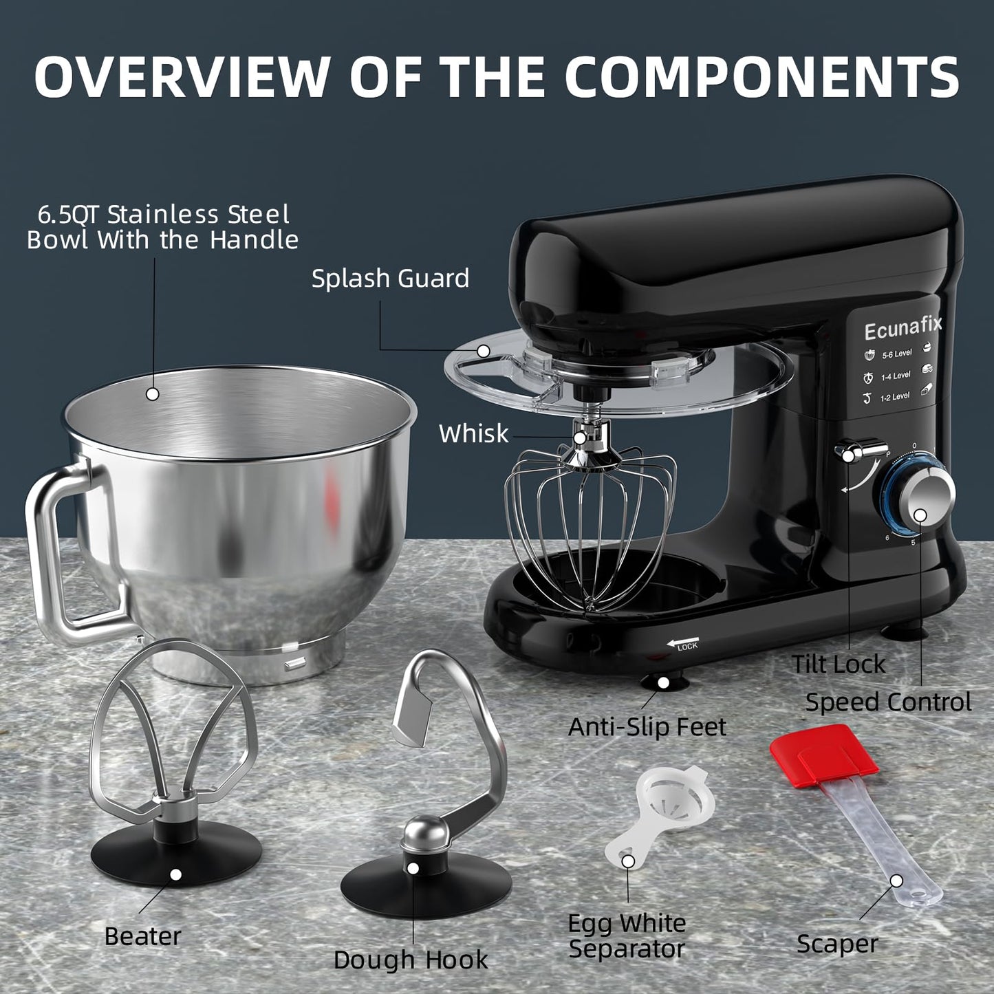 Kitchen Stand Mixer, 6.5Qt Household Stand Mixers, 660W 6+P Speed Tilt-Head Electric Dough Mixer, Food Mixers for Daily Use with Dough Hooks, Whisk, Beater