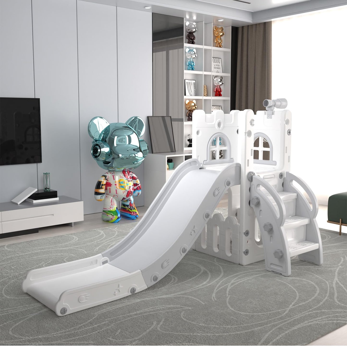 MOCUTEEN 6 in 1 Toddler Slide,Baby Playset for Indoor Outdoor Playground with Basketball Hoop,Storage and Telescope,Climbing Toys for Toddler Playground Playset