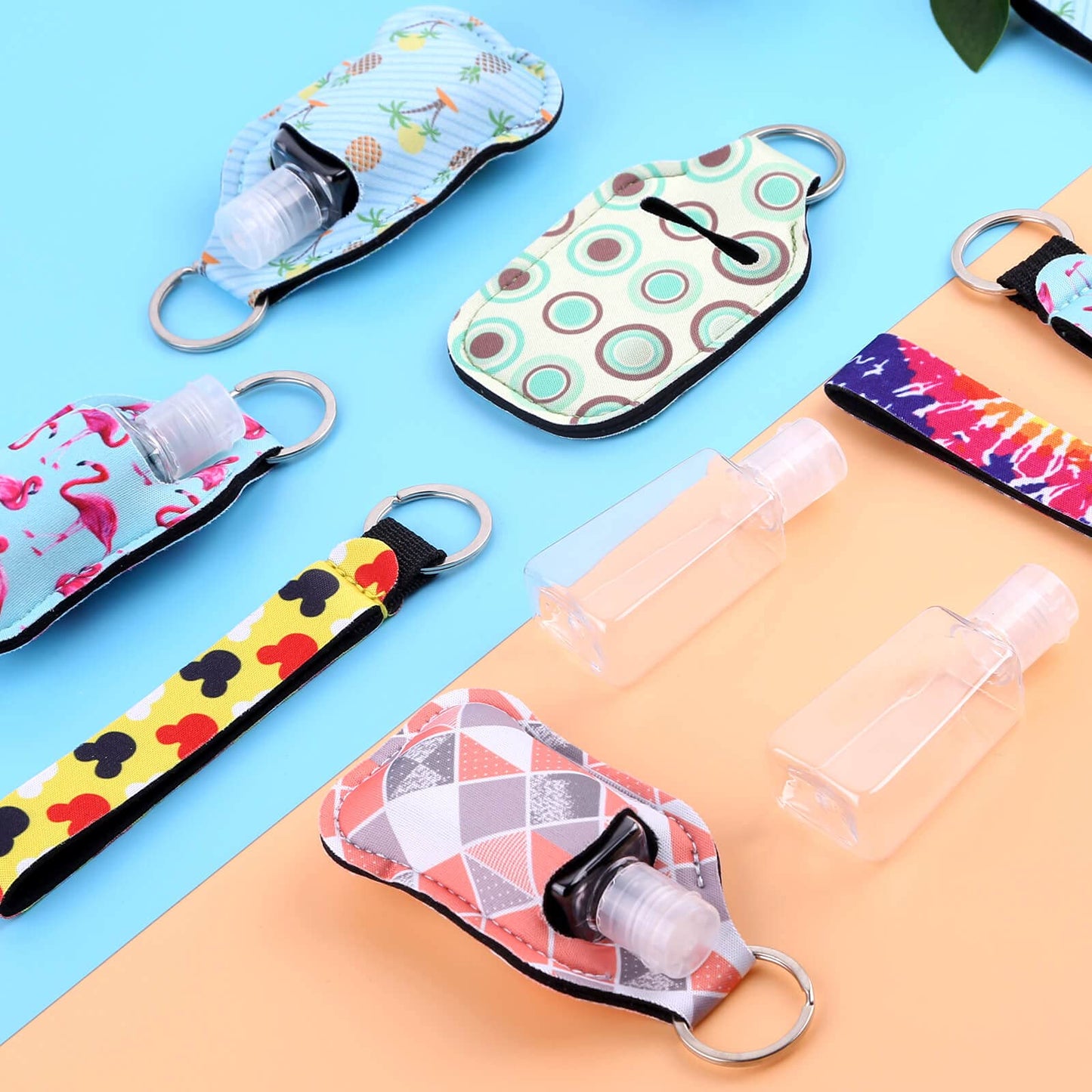 Empty Hand Sanitizer Holders Set 60pcs, Include 20 Portable Refillable Travel Bottle Container with Flip Cap, 20 Reusable Bottle Holders, 20 Wristlet Keychain