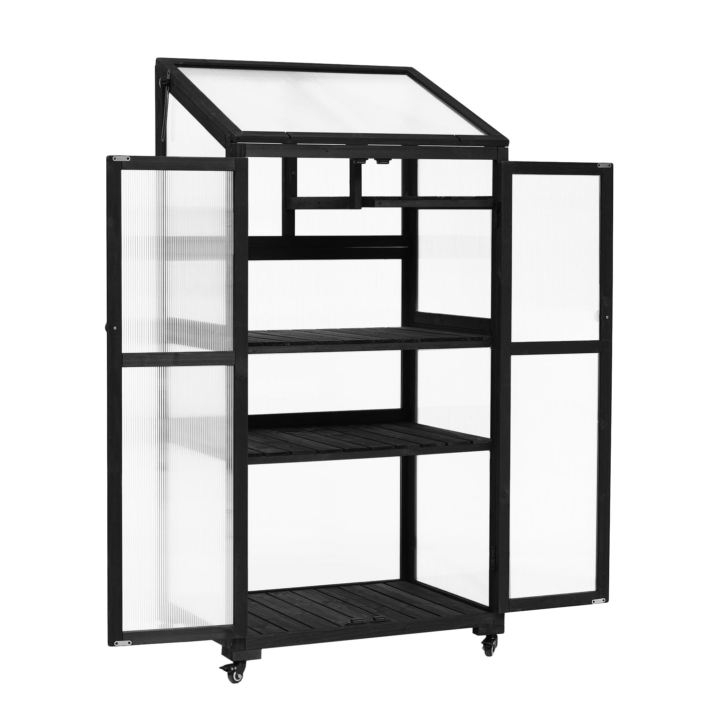 Merax Mini Greenhouse for Outdoors / Indoors, 62 inch Height Portable Wood Cold Frame with Wheels and Adjustable Shelves, Black