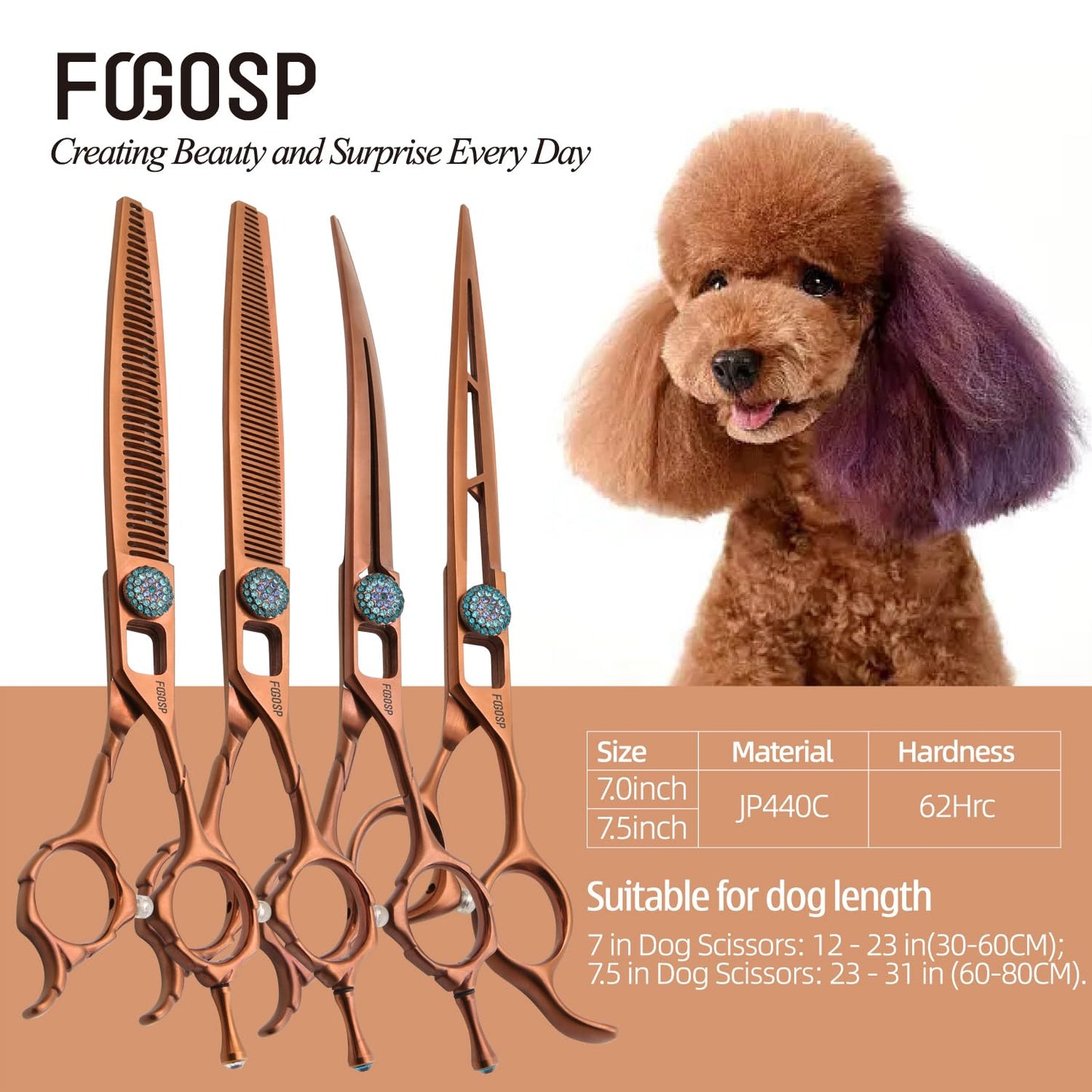 FOGOSP 7'' Dog Grooming Scissors Set 4PCS Curved Thinning Straight Chunkers Shears Kit with Hollow Out Design Ergonomic Offset Handle High Cobalt Alloy Steel Sharp and Durable(7, Chocolate Kit)