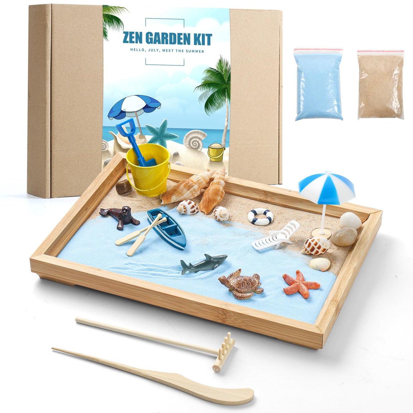 Zen Garden Kit for Desk - Premium Beautiful Japanese Mini Beach Zen Sand Garden Box Decor Set for Home, Office with Bamboo Tray, Sand, Tools, Shark, Ship - Desktop Meditation, Accessories Zen Gifts