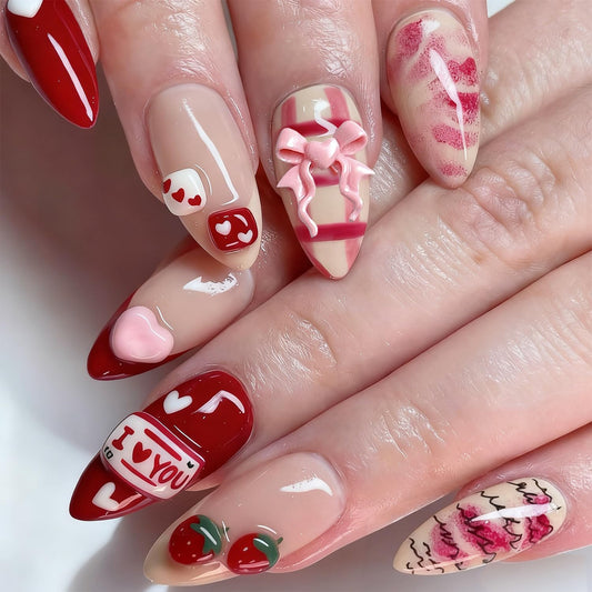 24Pcs Valentines Press on Nails Medium Almond Fake Nails with Heart Bow Rhinestones Romantic Red Lips False Nails 3D Strawberry Acrylic Nails Valentine Hearts Full Cover Stick on Nail for Women