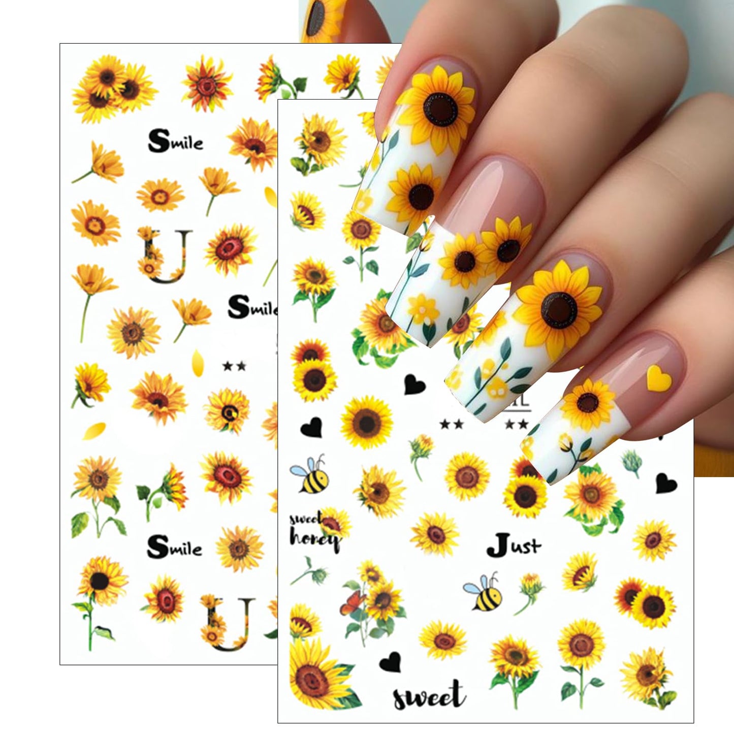 8Sheet Spring Summer Sunflower Nail Art Stickers Yellow Floral Nail Stickers 3D Self-Adhesive Letter Nail Decal, Yellow Flower Butterfly Bee Nail Designs for Women Manicure Decoration Nail Supplies